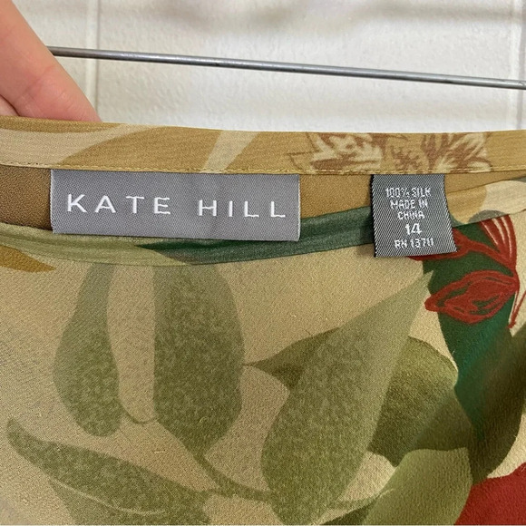 Kate Hill 2 Pc Silk Skirt Set Sz 14 Button Down Top Green Beige Floral Lined - Picture 10 of 16
